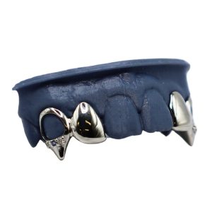 4 Tooth Grillz w Open Face Sharp Fangs w Diamonds and Sapphire